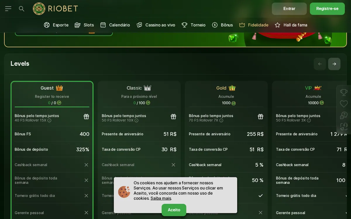 Tabela de níveis do programa de fidelidade e VIP da Riobet em reais.